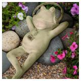 Frog Garden Statue Relaxing Resin Yard Decor, Whimsical Yard Figure, Porch Statue, Outdoor Zen Garden Decor, Larger Size 12\ x 7.5\in, Patio, Landscaping for Mom, Art Lover Collector *headphones cra