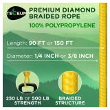 TECEUM Rope  90 Feet x 14 Inch (7mm)  Yellow  Strong All-Purpose Utility Rope  Camping, Crafting, Flag Pole, Indoor and Outdoor  Polypropylene Nylon Poly Lightweight Diamond Braided Cord