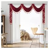 VOGOL Vintage Style Kitchen Curtains Valance, Burgundy View Reducing Waterfall Valances for Bedroom Living Room, 1 Panel Rod Pocket Drape with Handmade Tassels, 79 Inches Wide