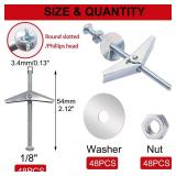 Bemaka 192Pcs 18 Inch Toggle Bolts, Heavy Duty Drywall Anchors and Screws Kit, Butterfly Anchors Toggle Bolts and Wing Nut Kit with Nuts Washers for Hollow Wall, Ceiling (48 Sets)