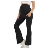 HEGALY Womenfts Maternity Flare Leggings Over The Belly - Casual Pregnancy Yoga Pants with Pockets Buttery Soft Black S