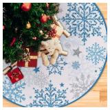 Fzbali Snowflakes Christmas Tree Skirt 24 Inches Lace-up Winter Snow Small Artificial Blue Xmas Tree Skirt, Stars Holiday Party Indoor Decoration Home Decor