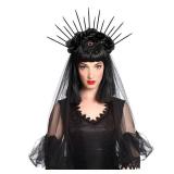 SIQITECHNO Black Gothic Rose Veil Crown Headband Halloween Lace Veil Floral Dead Bridal Headwear Cosplay Hair Accessories