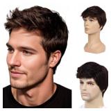BEAUTY FLAG Men Short Brown Wig Handsome Male Daily Costume Synthetic Full Wigs Natural Brown Hair Replacement Wig(Fit 21inch-22.5inch Head Circumference)