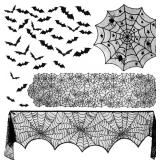 ZeeDix 39 Pcs Halloween Decorations Kit Black Lace Spiderweb Round Tablecloth Table Runner, Giant Spider Cobweb Fireplace Scarf with 36PCS Scary 3D Bats Wall Stickers for Halloween Party Decor