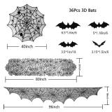 ZeeDix 39 Pcs Halloween Decorations Kit Black Lace Spiderweb Round Tablecloth Table Runner, Giant Spider Cobweb Fireplace Scarf with 36PCS Scary 3D Bats Wall Stickers for Halloween Party Decor