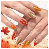 Maple Leaf Press on Nails Fall Leaves Stick on Fingernails 24Pcs Thanksgiving Medium Almond False Nails Glossy Gold Glitter Acrylic Fake Nail Yellow French Gel Glue on Nail for Coquette Women Girls