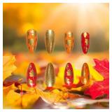 Maple Leaf Press on Nails Fall Leaves Stick on Fingernails 24Pcs Thanksgiving Medium Almond False Nails Glossy Gold Glitter Acrylic Fake Nail Yellow French Gel Glue on Nail for Coquette Women Girls