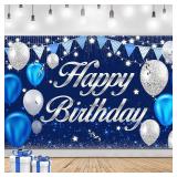 MDCGFOD Happy Birthday Banner - Birthday Decorations for Men Women Boys Girls Blue Sliver Birthday Party Banners Welcome Happy Birthday Background Sign Theme Party Decorations Indoor Outdoor