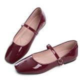 LUXINYU Mary Jane Flat Shoes for Women Patent Leather Square Toe Adjustable Buckle Strap Ballet Dance Shoes,Red 5.5