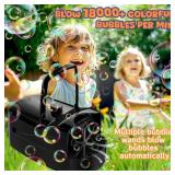 Bubble Machine, Automatic 18000 Per Minute Big Bubbles Blower Maker for Kids Toddlers with 2 Speeds,6 Wands,Operated by Plugin or Batteries for OutdoorIndoor Birthday Parties,Wedding (Black)