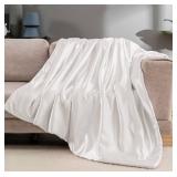 Vonty Satin Throw Blanket - Ivory White, 60x80 Inches, Cooling and Silky, Wrinkle-Free Cable Knit for Couch, Sofa, Bed, Outdoor