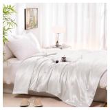 Vonty Satin Throw Blanket - Ivory White, 60x80 Inches, Cooling and Silky, Wrinkle-Free Cable Knit for Couch, Sofa, Bed, Outdoor