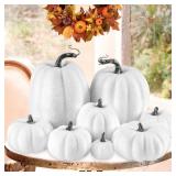Ywlake Flocked Artificial Pumpkins Fall Decorations, Fake Pumpkin for Autumn Harvest Halloween Thanksgiving Faux Pumpkins Home Table Decor (8 Pcs, White)