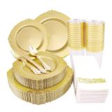 Morejoy 175PCS Solid Gold Plastic Plates with Gold Rim?gold disposable dinnerware sets Include 25 Dinner Plates,25 Dessert Plates,25 Cutlery Sets,25 Napkins Perfect for Party and Christmas