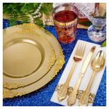 Morejoy 175PCS Solid Gold Plastic Plates with Gold Rim?gold disposable dinnerware sets Include 25 Dinner Plates,25 Dessert Plates,25 Cutlery Sets,25 Napkins Perfect for Party and Christmas