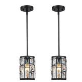 MEXO Modern Crystal Pendant Light Fixture 2-Pack Matte Black Finish Hanging Lighting Crystal Chandelier for Living Room, Kitchen