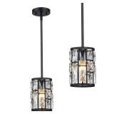 MEXO Modern Crystal Pendant Light Fixture 2-Pack Matte Black Finish Hanging Lighting Crystal Chandelier for Living Room, Kitchen