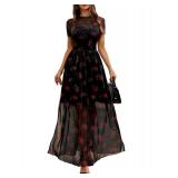 Large GothDark Womenfts Mesh Dress Short Sleeve Round Collar Floral Print High Slit Waist-Cinched Wedding Guest Maxi Dresses
