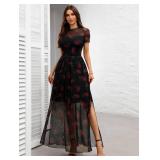 Large GothDark Womenfts Mesh Dress Short Sleeve Round Collar Floral Print High Slit Waist-Cinched Wedding Guest Maxi Dresses