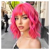 AGO Pink Wigs with Bangs Pastel Bob Wig Shoulder Length 14Inch Synthetic Hair for Women Girl Heat Resistant Fiber Wig for Daily Party Halloween Cosplay Use(XT2124numberHotPink)