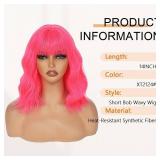 AGO Pink Wigs with Bangs Pastel Bob Wig Shoulder Length 14Inch Synthetic Hair for Women Girl Heat Resistant Fiber Wig for Daily Party Halloween Cosplay Use(XT2124numberHotPink)