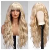 KOME Light Blonde Wigs with Bangs,613 Blonde mixed Long Wavy Wig for Women,Long Curly Synthetic Hair Wig for Party Daily Use 26IN