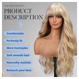 KOME Light Blonde Wigs with Bangs,613 Blonde mixed Long Wavy Wig for Women,Long Curly Synthetic Hair Wig for Party Daily Use 26IN