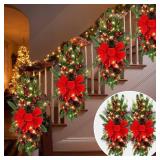Lyrow 2 Pack Christmas Artificial Swags 24 Xmas The Cordless Prelit Stairway Swag Teardrop Trim Wreath Door Stair Garland Christmas Wreath for Outdoor Home Garden Decor (Red Ribbon)