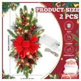 Lyrow 2 Pack Christmas Artificial Swags 24 Xmas The Cordless Prelit Stairway Swag Teardrop Trim Wreath Door Stair Garland Christmas Wreath for Outdoor Home Garden Decor (Red Ribbon)