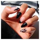Glamnetic Press On Nails - Ghosted | Short Almond Black Fake Nails with Ghost Motif & Glossy Finish, Salon Quality Halloween Nails | 15 Sizes - 30 Nail Kit with Glue