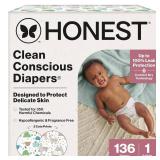 The Honest Company Clean Conscious Diapers for Sensitive Skin, Up to 100% Leakproof Hypoallergenic Fragrance-Free Baby Diapers, Gender Neutral Prints, Super Club Box, Size 1 (8-14 lbs), 136 Count