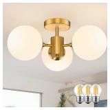 Bagood Mid Century Modern 19 Inch Brass Semi Flush Mount Ceiling Lights 3-Light Frosted Globe Glass Gold Chandelier Modern Light Fixtures Ceiling Lights Fixture for Bedroom Hallway Entryway