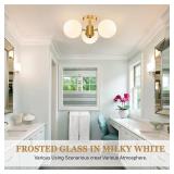 Bagood Mid Century Modern 19 Inch Brass Semi Flush Mount Ceiling Lights 3-Light Frosted Globe Glass Gold Chandelier Modern Light Fixtures Ceiling Lights Fixture for Bedroom Hallway Entryway