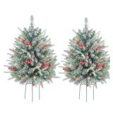 30 Inch Outdoor Prelit Christmas Tree 2 Pack, Battery Operated Flocked Snow Xmas Tree 70 LED Lights, for Entrances Tabletop Ornaments for Porch Driveway Yard Garden