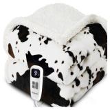 blunique Cow Print Heated Throw Blanket Electric Blanket-Heating Blanket Throw with 10 Heat Levels & 10 Hours Auto Off, Cozy Soft Fleece Sherpa, Washable, 50 x 60 Inches Cow Print White