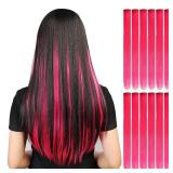 YaFex 12 Pcs Clip in Hair Extensions, 22 Inch Colored Hair Extensions Party Highlights Long Straight Synthetic Hairpieces for Women Kids Girls (Hot Pink)