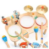 WINGYZ 11-in-1 Kids Drum Set Montessori Baby Musical Toys & Wooden Musical Instruments for Toddlers 1-3, Music Table with Bongo Drums, Cymbals, Maracas & Wrist Bells for Early Rhythm Play