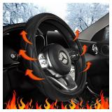 Heated Steering Wheel Cover - WARMITORY Luxury Steering Wheel Heater, 12V Quick Hand Warmer, 14.5-15 inches Outer Diameter for Standard-Size Car Steering Wheels, Black (Leatheret PU) (Deep Black)
