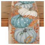 Artoid Mode Bule Polka Dot Pumpkins Eucalyptus Wood Fall Table Runner, Seasonal Autumn Kitchen Dining Table Decoration for Home Party Decor 13x72 Inch