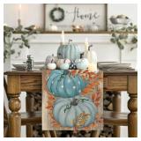 Artoid Mode Bule Polka Dot Pumpkins Eucalyptus Wood Fall Table Runner, Seasonal Autumn Kitchen Dining Table Decoration for Home Party Decor 13x72 Inch