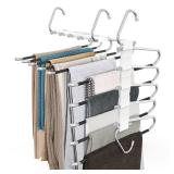 Loretoy 2 Pack Pants Hangers Space Saving, Anti-Slip Multi-Functional Pants Rack, Thickened Stainless Steel Tube with 10 Metal Clips, Two Hanging Modes Suitable for Jeans Trousers Skirts Scarf-White
