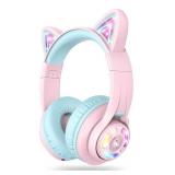 iClever Cat Ear Kids Bluetooth Headphones, LED Lights Up, 74/85dBA Safe Volume Limited, 50H Playtime,Bluetooth 5.2, USB C, Kids Headphones Wireless for Travel iPad Tablet, Meow Macaron Pink