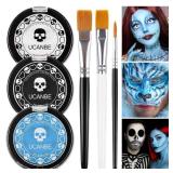 White Black & Light Blue Face Body Paint for Halloween Sally & Corpse Bride Makeup, Non-Toxic Face Painting Kit with Brushes for Kids Adults Smurf Avatar Mermaid & Demon Costume Cosplay SFX Make Up