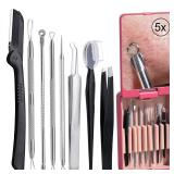 JPNK Blackhead Remover Tool Comedones Extractor Acne Removal kit & Eyebrow Trimmer Kit, 8PCS in One with 5X Magnifying Mirror