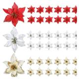 WILLBOND Multi Pieces Christmas Poinsettia Decorations Glitter Poinsettia Flowers Tree Flowers for Xmas Tree Ornaments, 5 Inch(Gold, Silver, Red)