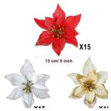 WILLBOND Multi Pieces Christmas Poinsettia Decorations Glitter Poinsettia Flowers Tree Flowers for Xmas Tree Ornaments, 5 Inch(Gold, Silver, Red)