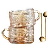 Gezzeny Vintage Coffee Mugs 14 Oz Set of 2 Amber Embossed Glass Tea Cups for Cappccino, Latte,Cereal, Yogurt, Beverage Christmas Thanksgiving Day Gifts