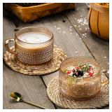 Gezzeny Vintage Coffee Mugs 14 Oz Set of 2 Amber Embossed Glass Tea Cups for Cappccino, Latte,Cereal, Yogurt, Beverage Christmas Thanksgiving Day Gifts