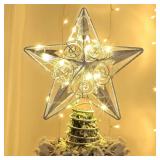Juegoal Star Tree Topper with 20 LED Lights, Metal Silver Lighted Treetop Ornaments, Battery Powered Light Up Christmas Tree Decorations, 6.5 x 6.5 Inches